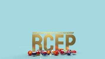 The gold text rcep or Regional Comprehensive Economic Partnership and ball flag 3d rendering. photo