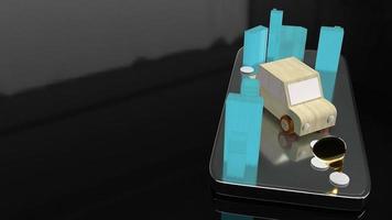 car and city  on smartphone screen for map navigation app concept 3d rendering. photo