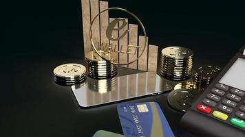 el símbolo móvil e monedero y monedas de oro 3d renderizado para el concepto de negocio electrónico. foto