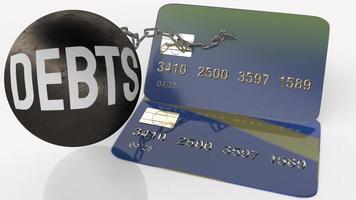 representación 3d de la bola de metal de la tarjeta de crédito y de las deudas para el concepto financiero foto