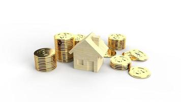 The wooden home toy and gold coins 3d rendering for business content. photo