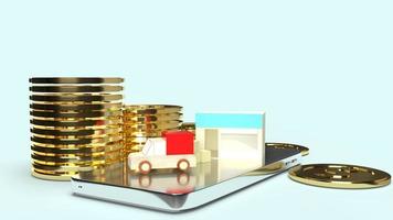 Store and van truck transport on mobile phone and gold coin 3d rendering for business content. photo
