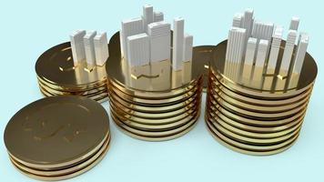 Building model and gold coins 3d rendering  for  property content. photo