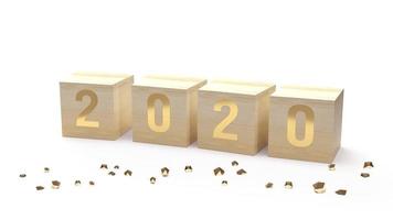 2020 gold number on wood cube for  new year concept 3d rendering. photo