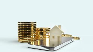 home wood on smartphone and gold coin 3d rendering for property content. photo