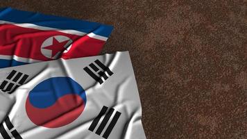 north Korea and south Korea flags on rusty background 3d rendering for  border content. photo