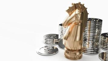 gold knight chess and silver coins 3d rendering on white background for business content. photo