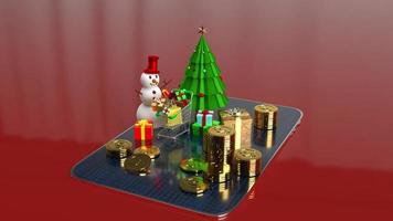 el muñeco de nieve y el carrito de compras en la tableta para marketing en línea en navidad y año nuevo contenido de vacaciones renderizado 3d foto