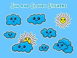 lindo clima y elementos del cielo. sol kawaii, nubes. pegatinas vectoriales para niños, elementos de diseño aislados. etiquetas para niños vector