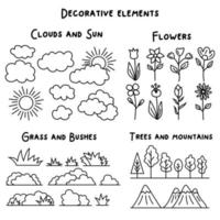 conjunto dibujado a mano con elementos decorativos del paisaje sol, nubes, flores, árboles, hierba y arbustos con montañas. vector