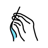 sewing hand holding needle with thread color icon vector illustration