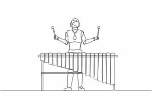 Single continuous line drawing robot percussion player play marimba at music folk festival. Robotic artificial intelligence. Electronic technology industry. One line draw design vector illustration