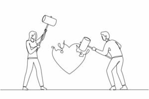 Single continuous line drawing angry couple husband and wife using big hammer to hit broken heart shape. Marriage problem, divorce, violence in broken relationship. One line draw graphic design vector