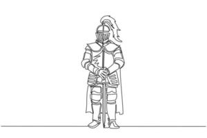 Continuous one line drawing medieval knight in armor, cape and helmet with feather. Warrior of middle ages standing and leaning on sword. Chivalry figure. Single line draw design vector illustration