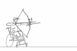 Continuous one line drawing disabled archer male athlete aiming with sports bow. Archery sport equipment for athletes. Disability archer man aiming an arrow. Single line draw design vector graphic