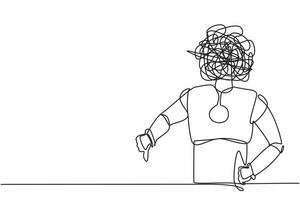 Single continuous line drawing robot with round scribbles instead of head, showing thumbs down sign, dislike, disapproval. Robotic artificial intelligence. One line graphic design vector illustration