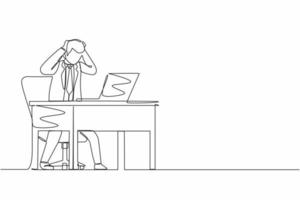 dibujo de una sola línea continua aterrador frustrado asustado gerente de empleado de negocios se encuentra en la computadora portátil, sosteniendo la cabeza. sobrecarga de oficina, estrés mental. ilustración de vector de diseño gráfico de dibujo de una línea