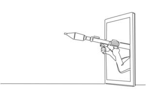 Single continuous line drawing hand holding rocket launcher through mobile phone. Concept of RPG video games, e-sport, entertainment application for smartphones. One line draw graphic design vector