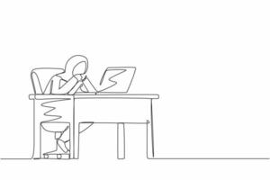 Single one line drawing pensive Arabian businesswoman working at laptop. Frustrated female in doubt with hand on chin gesture. Work at home office. Remote job, workplace. Continuous line design vector