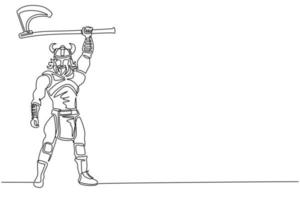 Single one line drawing nordic man holding axe up in the air. Vector of warrior wearing viking war armor. Character from pagan and scandinavian mythology. Continuous line draw design illustration