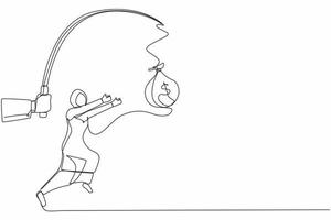 Continuous one line drawing hand with fishing pole and money bag control greedy Arab businesswoman under hypnosis. Woman running after dangling money bag, trying to catch it. Single line design vector