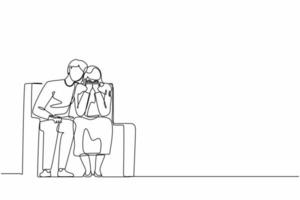 Continuous one line drawing young caring man sitting on sofa, hugging shoulder of depressed woman and trying to help or support her. Support, mental depression. Single line draw design vector graphic