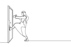 Single one line drawing Arab businessman kicks door closed with his leg. Business and success. Aggressive business approach. Business struggles. Continuous line draw design graphic vector illustration