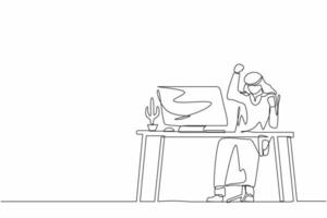 Single one line drawing happy Arab businessman sitting on workplace with raised one hand high and raised the other. Worker celebrates salary increase from company. Continuous line draw design vector