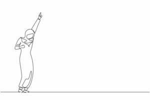 Continuous one line drawing happy Arabian businesswoman standing with raise one hand and other hand pose yes. Office worker celebrate success of company project. Single line draw design vector graphic