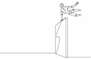 Single one line drawing robot jumps over wall, outside comfort zone. Future technology. Artificial intelligence and machine learning processes. Continuous line draw design graphic vector illustration