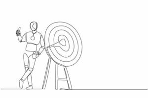 Continuous one line drawing robot standing and leaning at target with thumbs up gesture. Humanoid robot cybernetic organism. Future robotics development. Single line draw design vector illustration