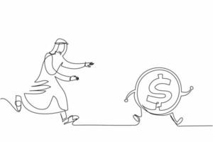 Single continuous line drawing Arab businessman chase dollar coin. Striving for success, chasing dreams, making profits. Get as much money as possible. One line draw graphic design vector illustration