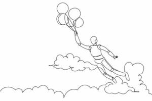 Single one line drawing robot flying with balloon air. Achieve financial independence. Future technology development. Machine learning processes. Continuous line design graphic vector illustration