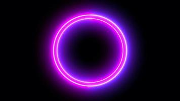 glowing loop neon animation. spin geometric rotation abstract element. light beam dynamic movement laser ring, round eclipse motion power balance space graphic blue and purple shape particle effect video