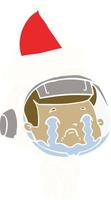 flat color illustration of a crying astronaut wearing santa hat vector