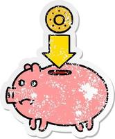 distressed sticker of a cute cartoon piggy bank vector