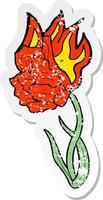 pegatina retro angustiada de una flor llameante de dibujos animados vector