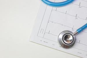 Blue stethoscopes and  Electrocardiography  chart close up image. photo