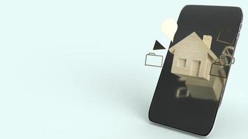 el juguete de madera casero y la representación 3d del teléfono inteligente para contenido tecnológico. foto