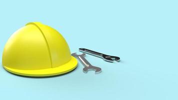 safety helmet and wrench on blue background 3d rendering for labour day content photo