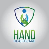 logotipo de atención médica de mano de escudo moderno azul y verde vector