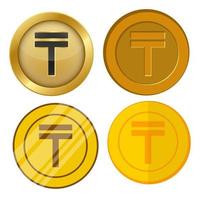 four different style gold coin with tenge currency symbol vector set