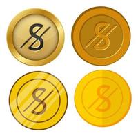 cuatro monedas de oro de estilo diferente con un conjunto de vectores de símbolos de moneda so'm
