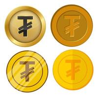 four different style gold coin with tugrik currency symbol vector set