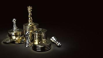 gold king chess on gold coins and silver Pawn  in dark tone 3d rendering for business content. photo