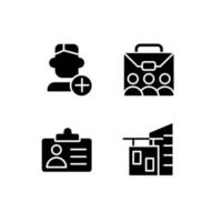 Employment black glyph icons set on white space. Company personnel. Hiring employee. Office workplace. Work environment. Silhouette symbols. Solid pictogram pack. Vector isolated illustration