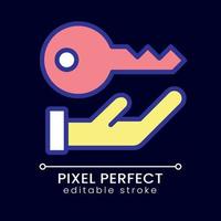 Key pixel perfect RGB color icon for dark theme. Access to private information. Data storage security. Simple filled line drawing on night mode background. Editable stroke vector