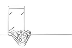 teléfono inteligente de dibujo de línea continua única y bolas de billar en triángulo. bolas de billar con números en estante de madera para el juego deportivo de la sala de billar, torneo de campeonato. vector de diseño de dibujo de una línea