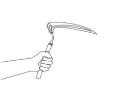 Continuous one line drawing hand holding farm scythe. Scythe agricultural hand tool for mowing grass or reaping crops, sketch engraving isolated. Single line draw design vector graphic illustration