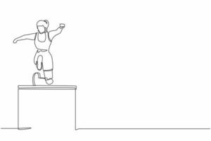 Single continuous line drawing front view amputated female athlete jumping, running over hurdle. Disability game with hurdle race. Disabled sport concept. One line graphic design vector illustration